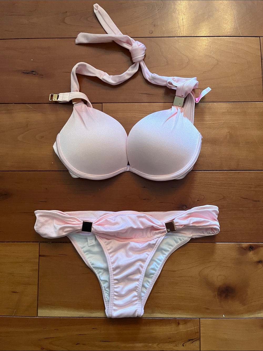 Victoria's Secret pale pink halter bikini top with gold accent